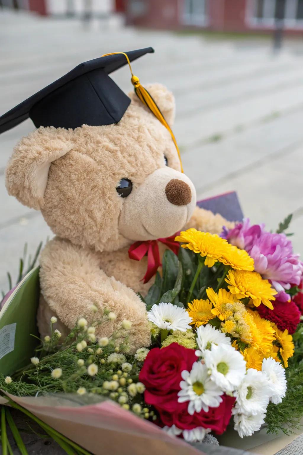 A cheerful arrangement showcasing a stuffed teddy bear for graduation.