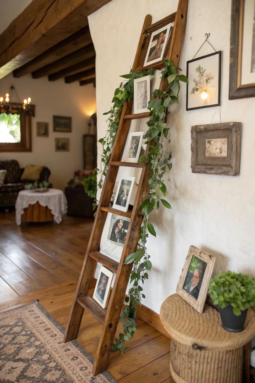 A rustic ladder display enhances the graduation photo showcase by adding height and charm.