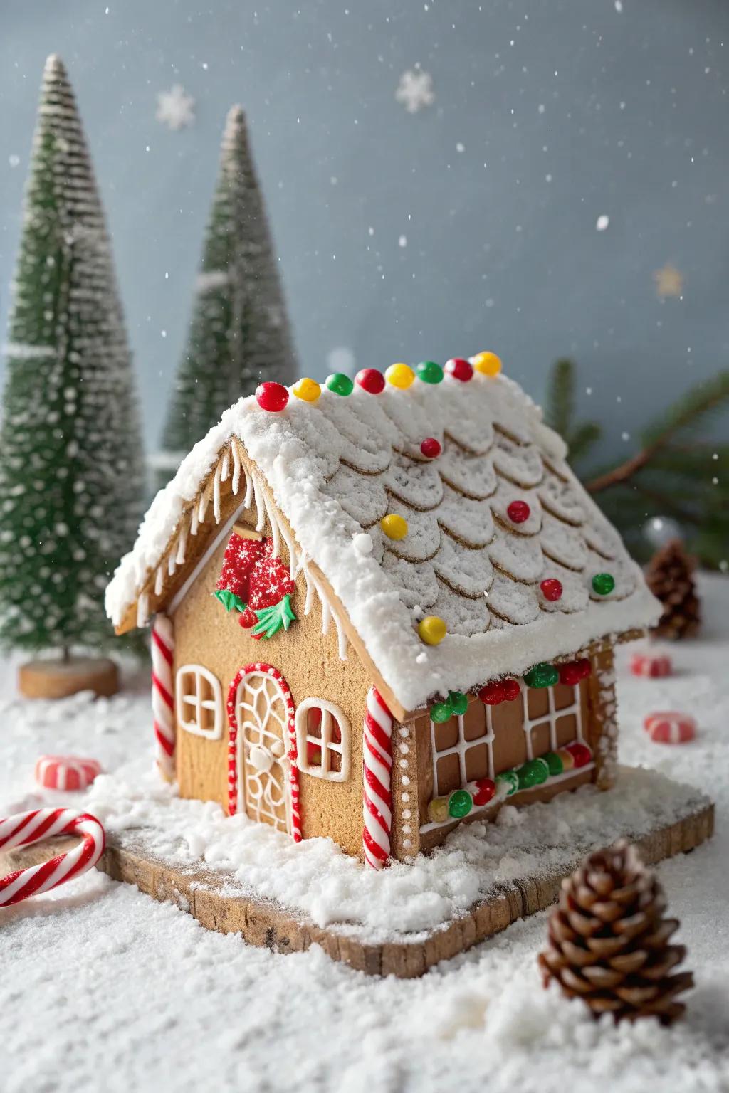 Peppermint stick chalet confectionary house showcasing striking celebratory hues.