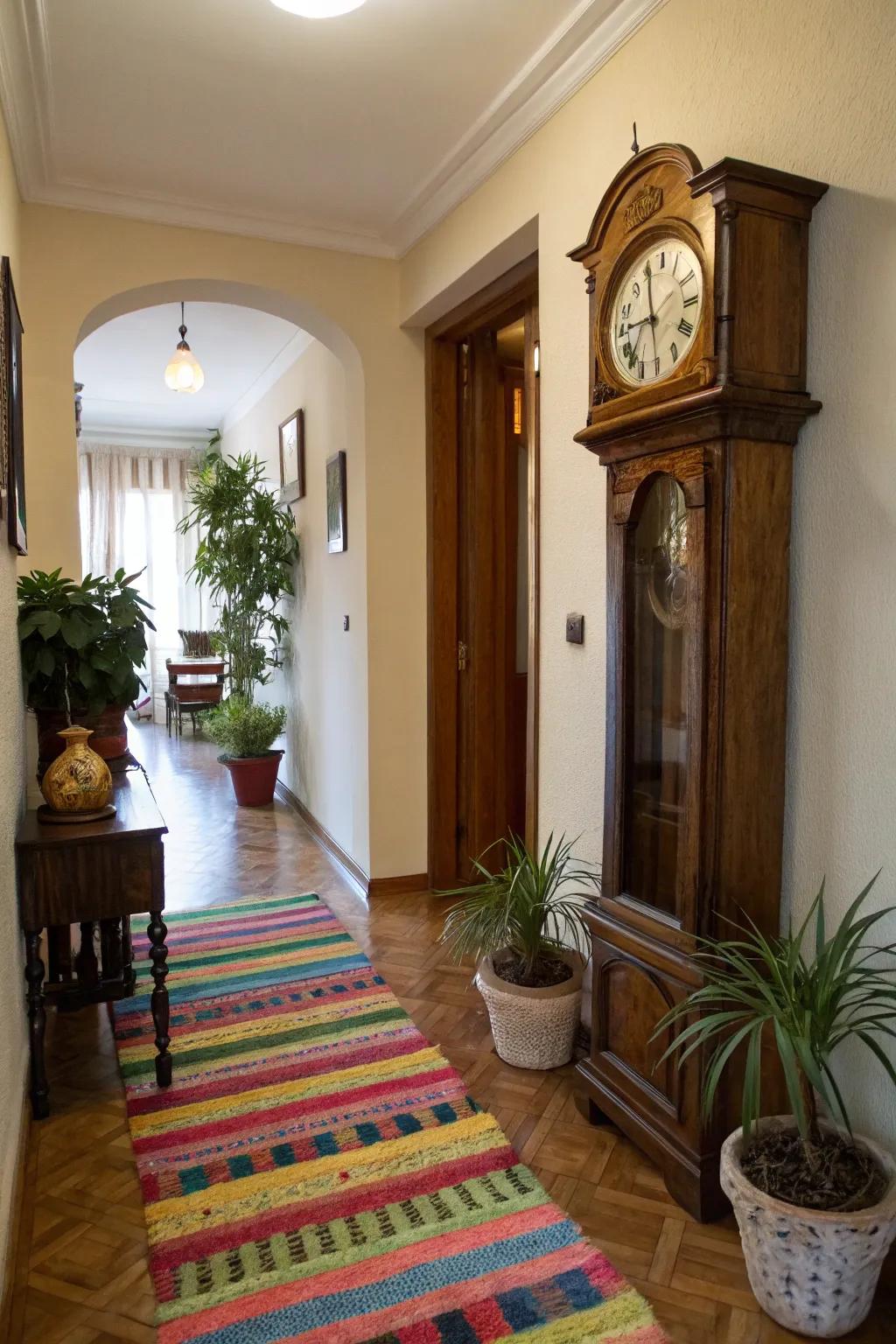 A hallway is enriched by incorporating a pendulum timepiece and bright design.