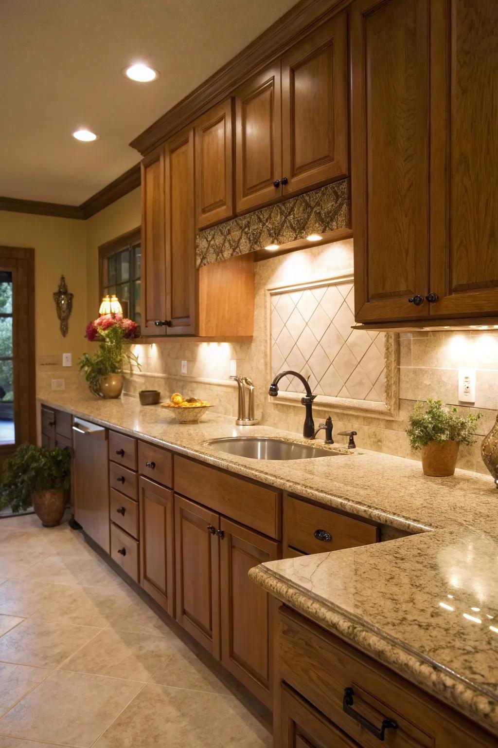 Sandstone granite shapes a warm, inviting cooking space.