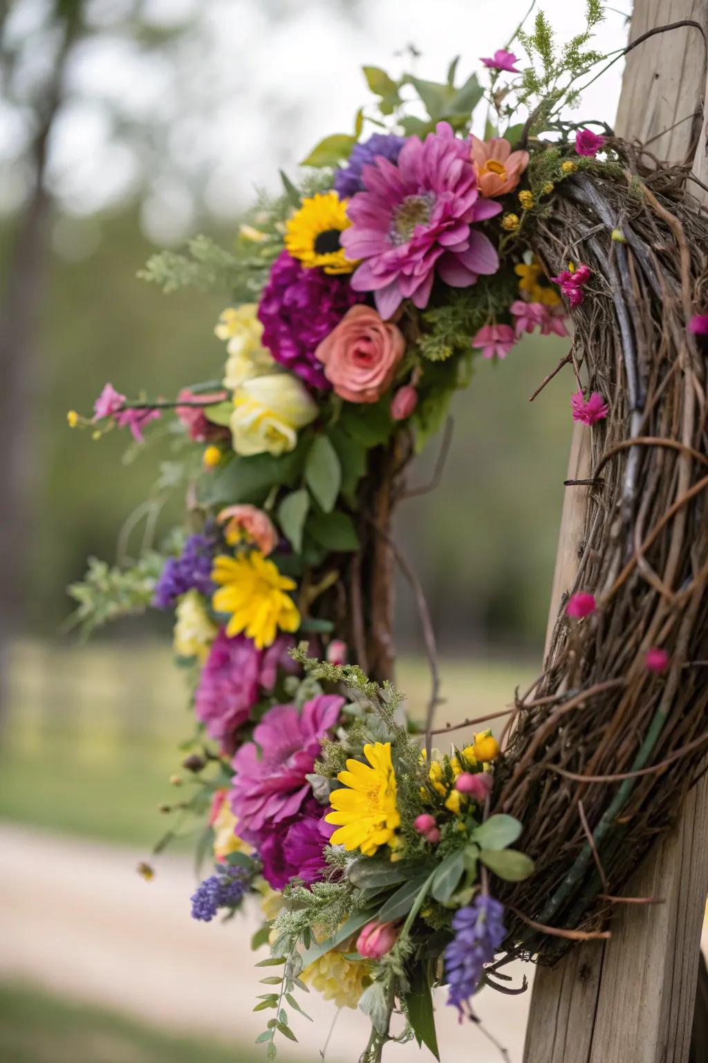 A grapevine wreath with an array of colorful blossoms.