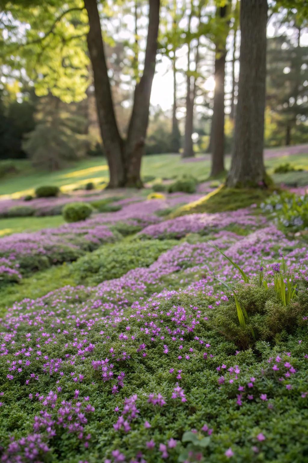 Ground-hugging thyme delights the senses as a ground cover.