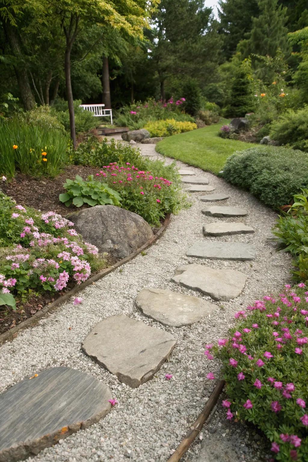 Pathway stones winding through a stone flower bed