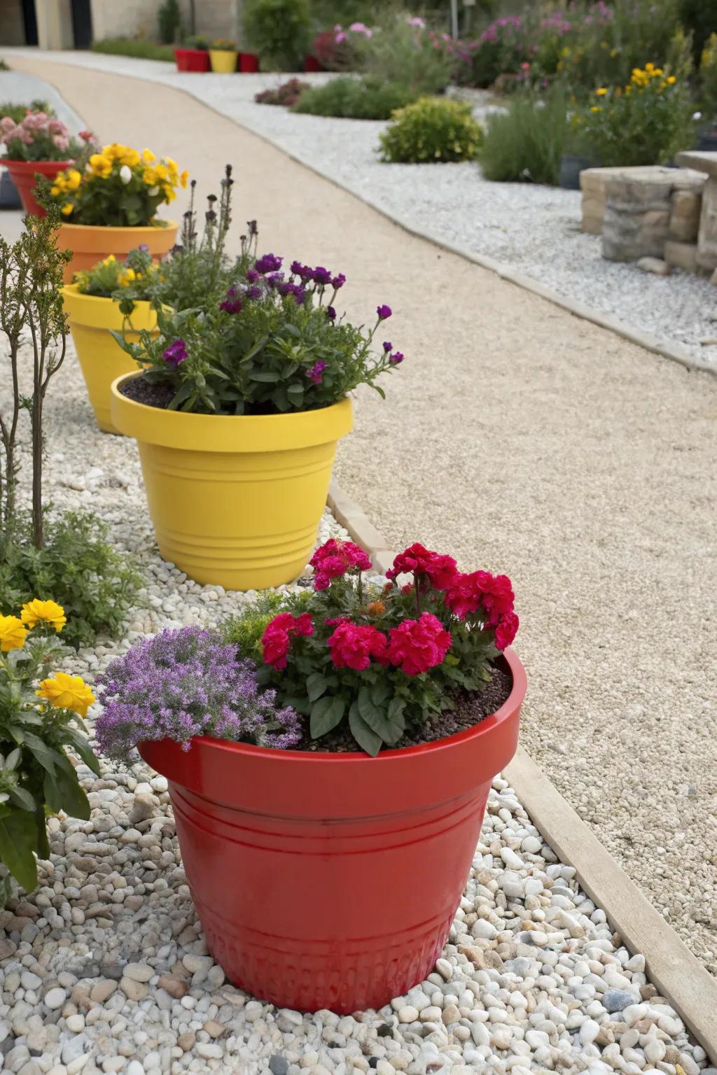The neutral backdrop of gravel is livened up by colorful pots.