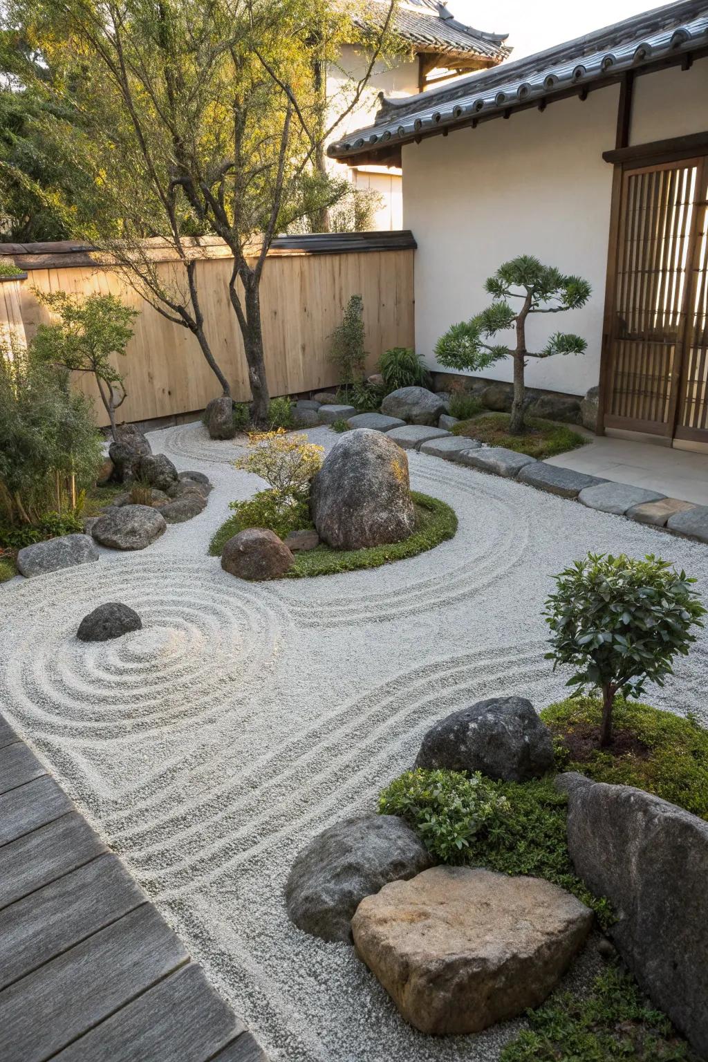 A serene Zen garden integrated into a gravel patio, perfect for meditation.