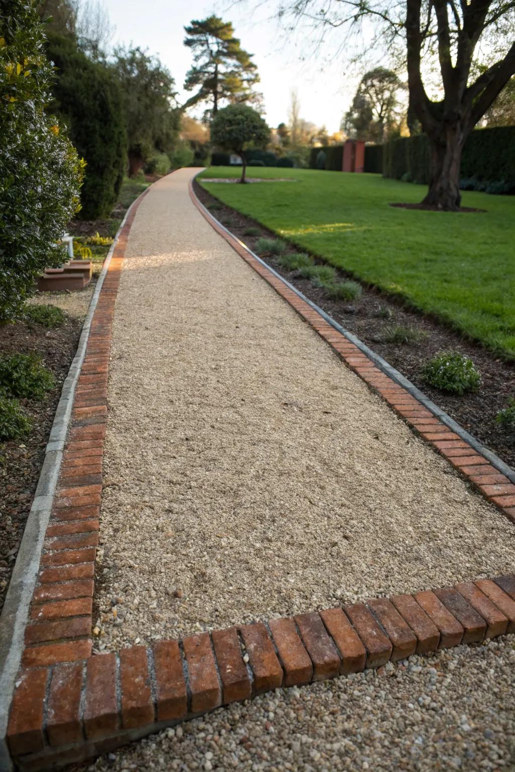 A stone chip trail neatly defined with brick edging