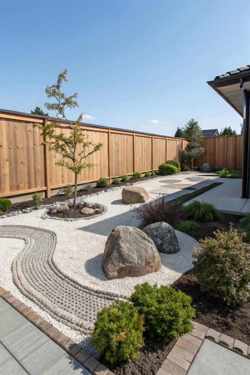A calm Zen garden using pebbles, great for unwinding and thinking.