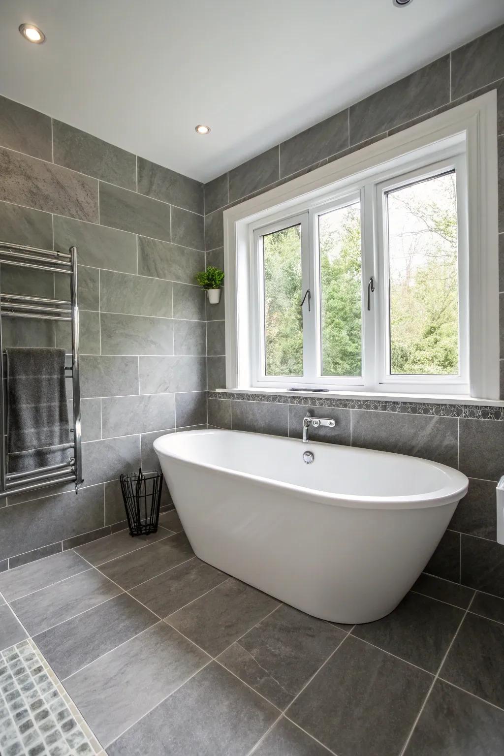 The gray and white bathroom is the ultimate in freestanding bathtub luxury.