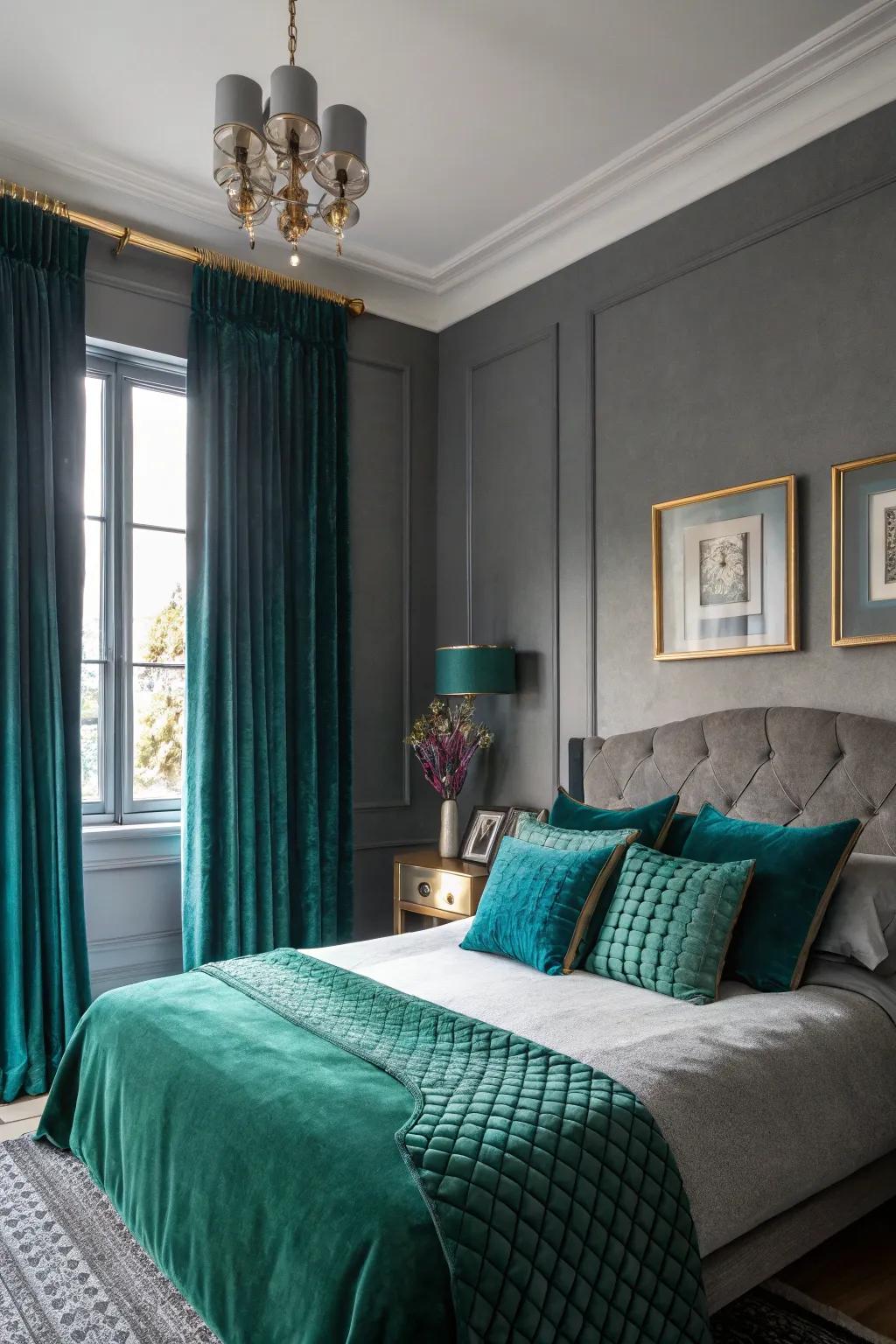 A dramatic gray bedroom featuring luxurious gem tones.