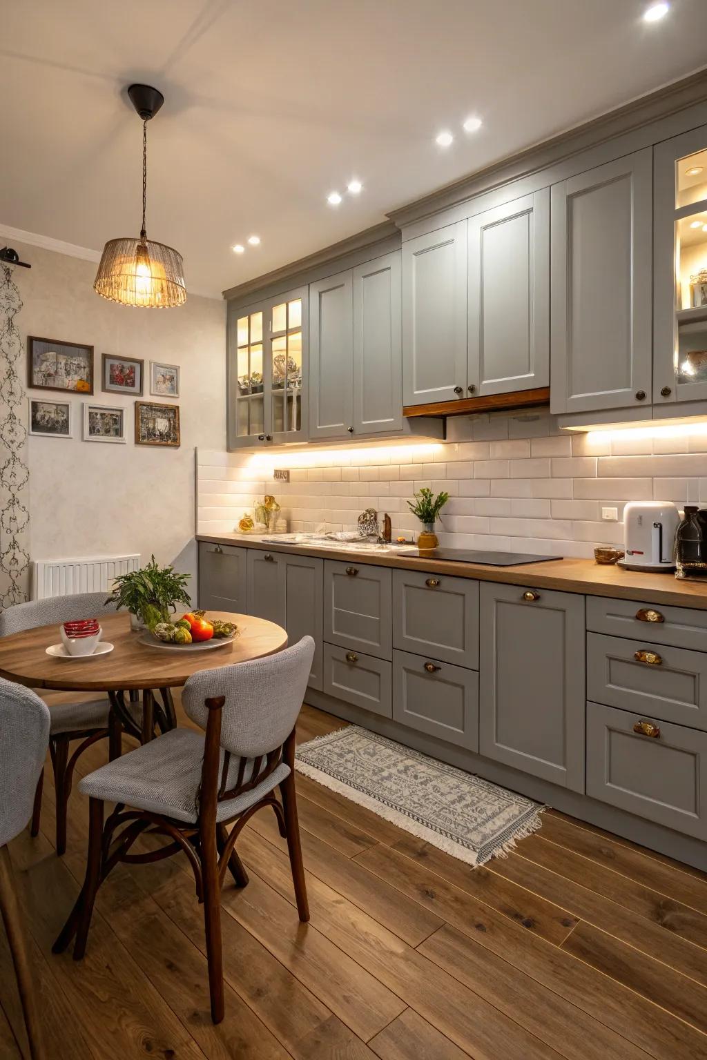 Warm wood floorboards enhance gray units, infusing warmth into the kitchen.