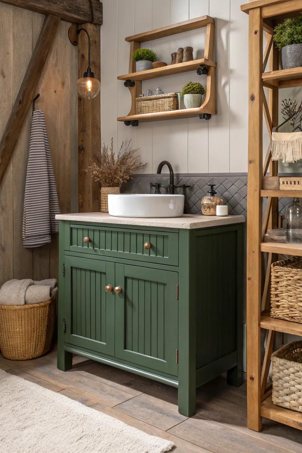 Forest green vanity displaying rustic charm with sculpted details.