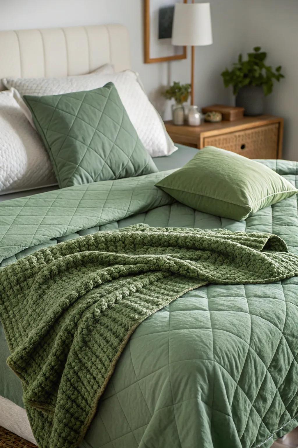 Plush green bedding offers comfort and flair to the bedroom.