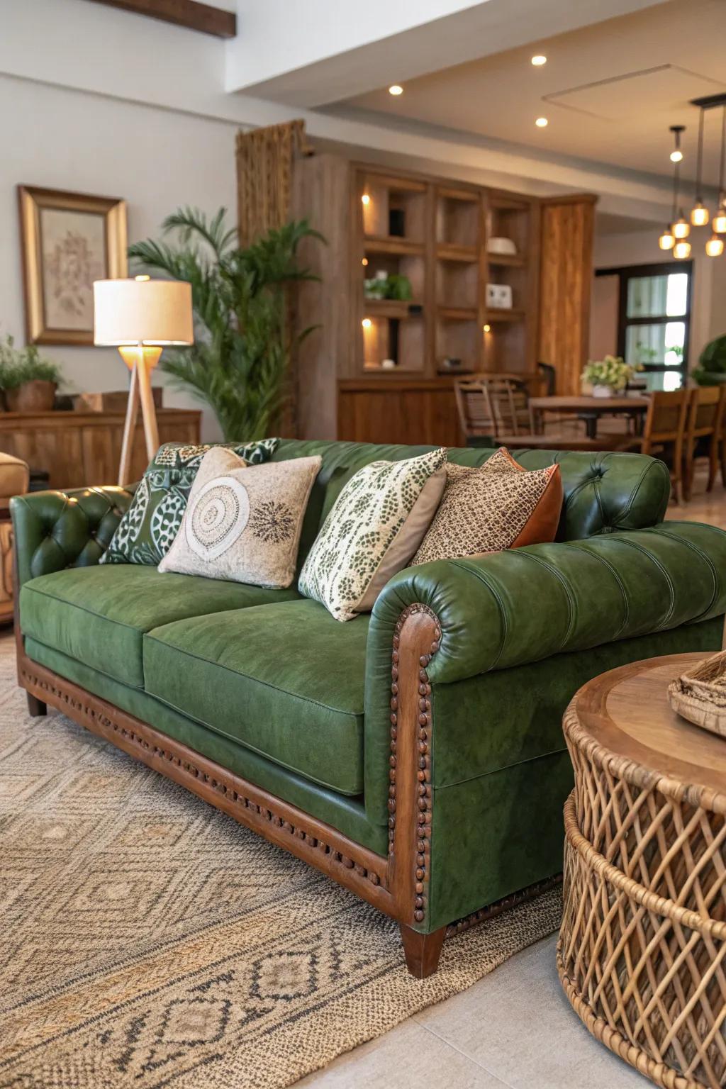 Blending surfaces enriches the overall ambiance of a living space featuring a green sofa.