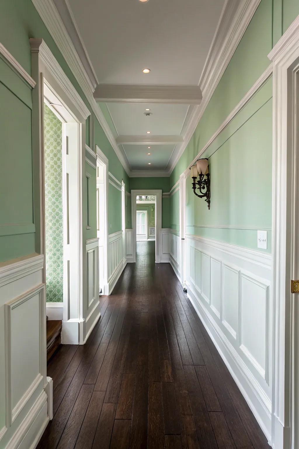 Pale green walls contrast beautifully with dark wood flooring.