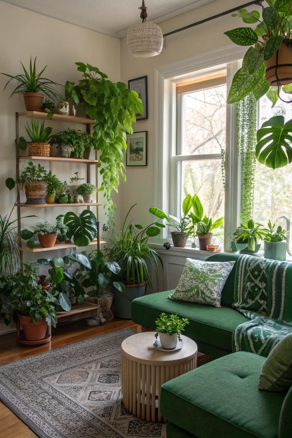 Abundant vegetation infuses vitality and energy into this lounge.