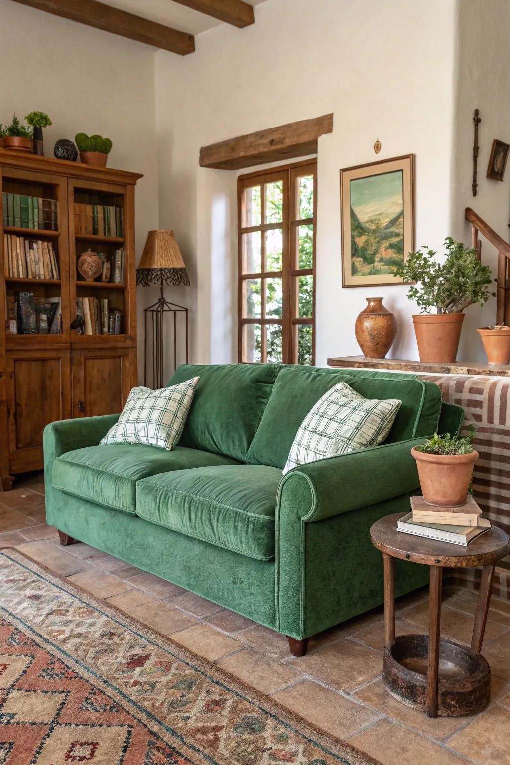 A balanced living space showcasing a green velvet sofa matched with earthy tones.