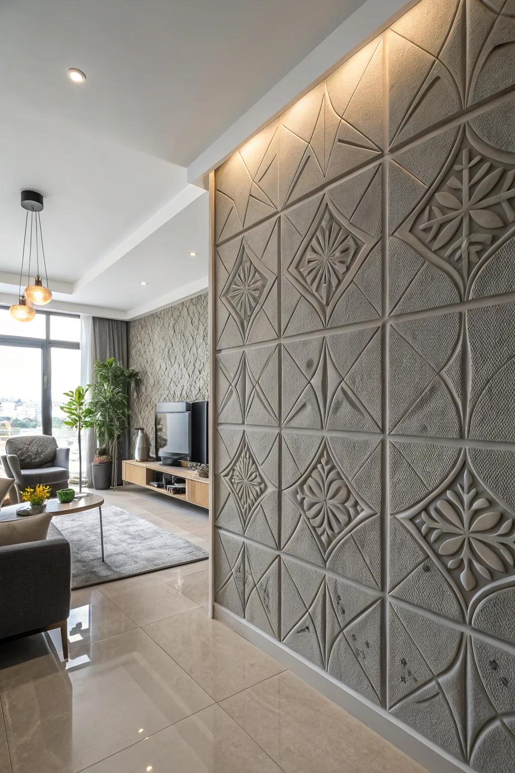 A textured grey accent wall featuring geometric patterns.