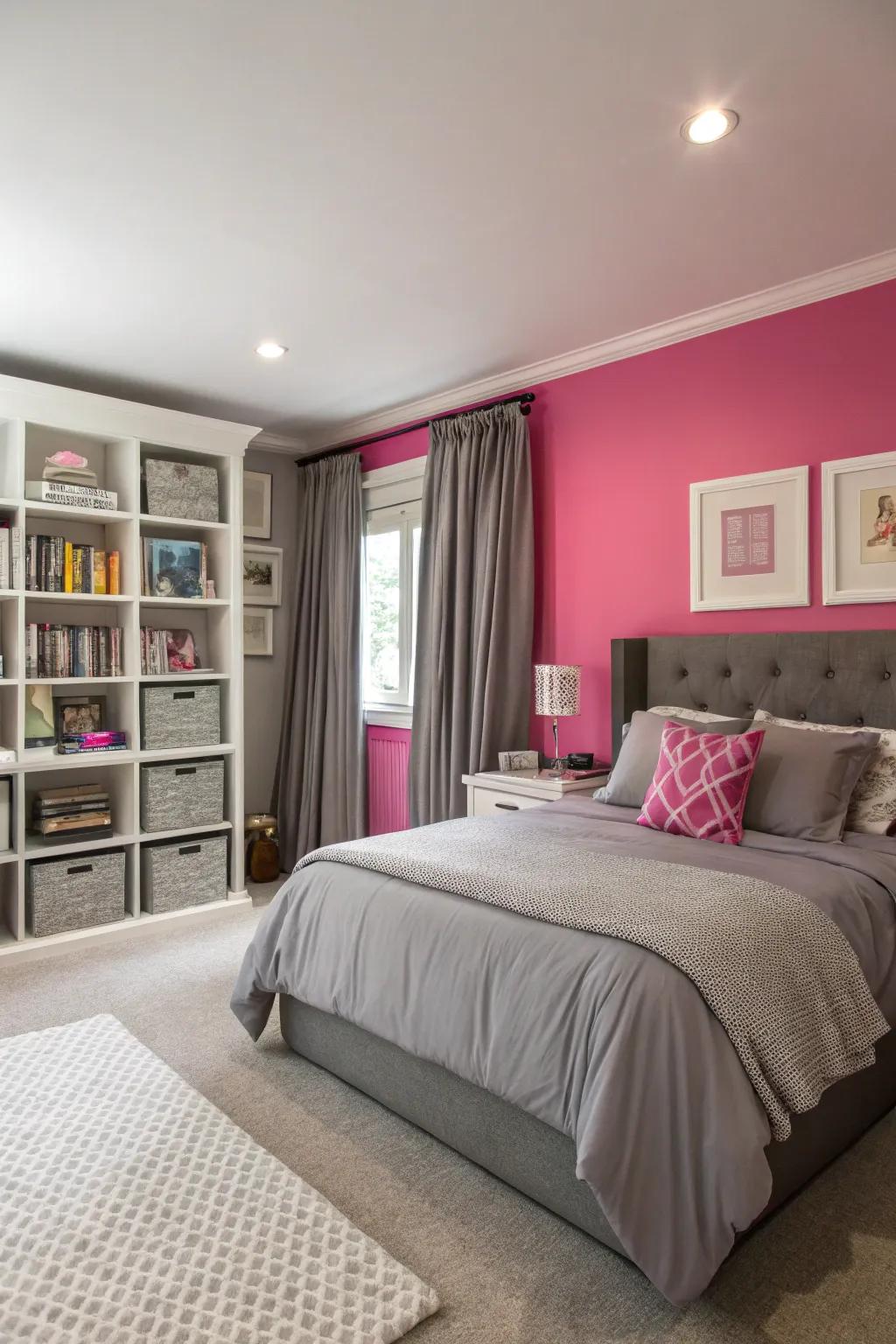 A rose feature wall is a striking focal point in any bedroom.