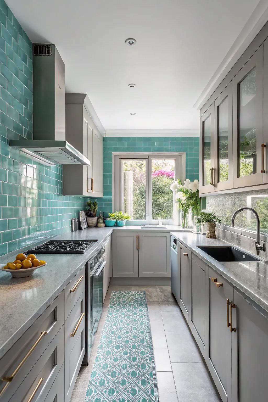 An aqua backsplash introduces color and dimension to a grey kitchen.