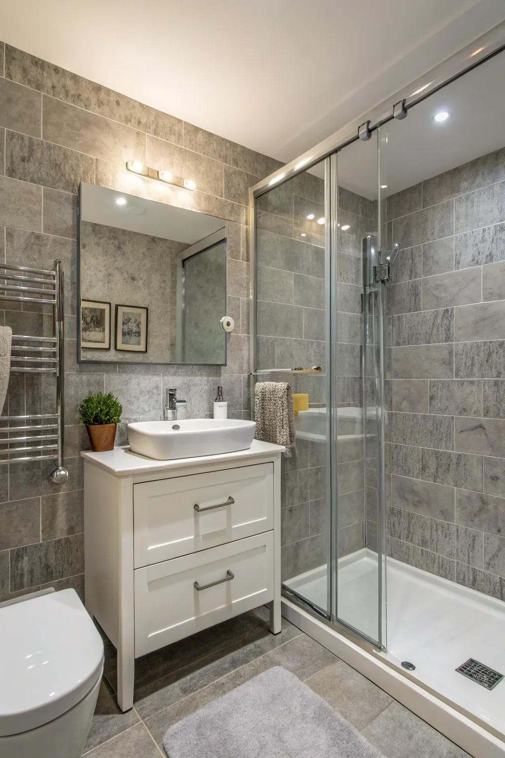 Textured grey backdrops bring dimension and individuality to this modern bathroom.