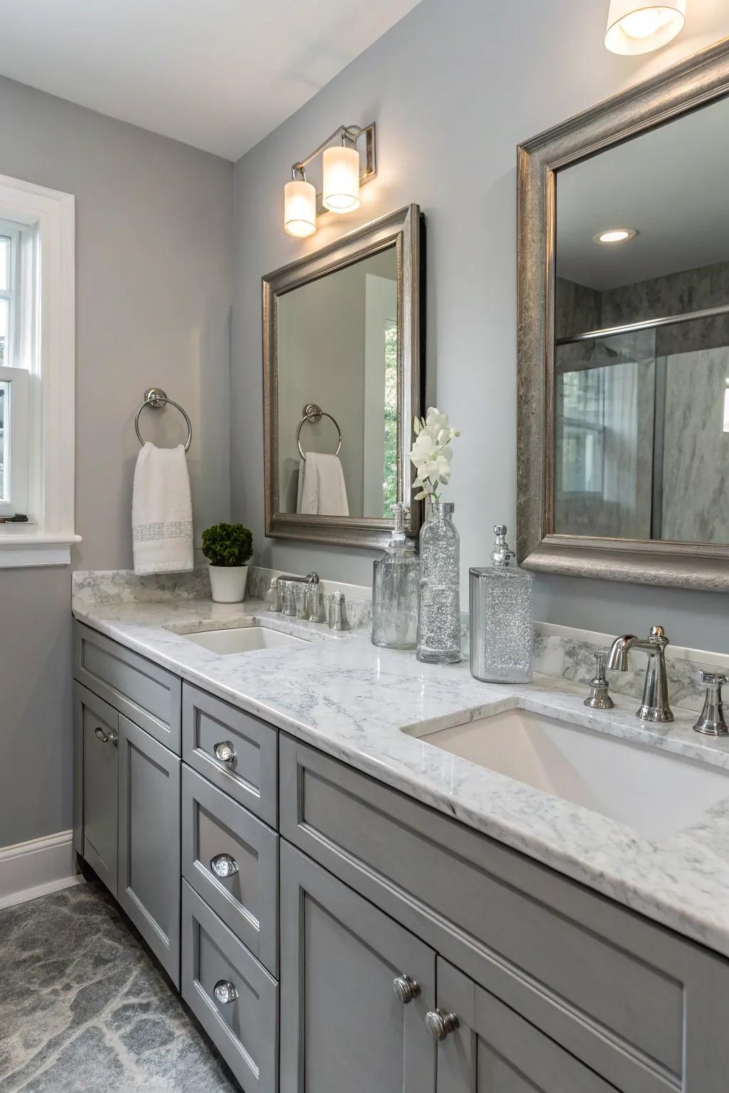 Alabaster and crystal elements enhance the luxurious feel of the shale bathroom.