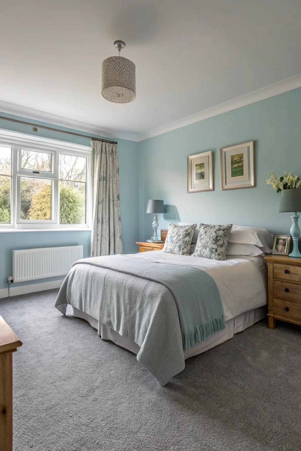 Sky blue walls fashion a peaceful escape with grey carpets.