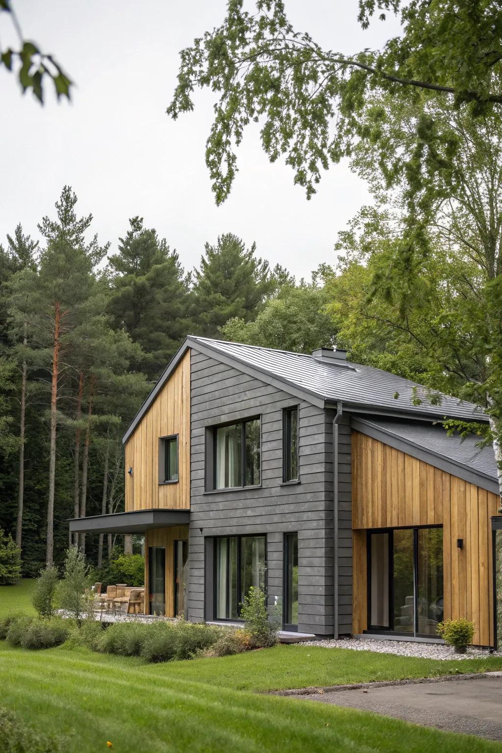 The mix of grey and authentic wood creates a balanced fusion of modern and rustic aesthetics.