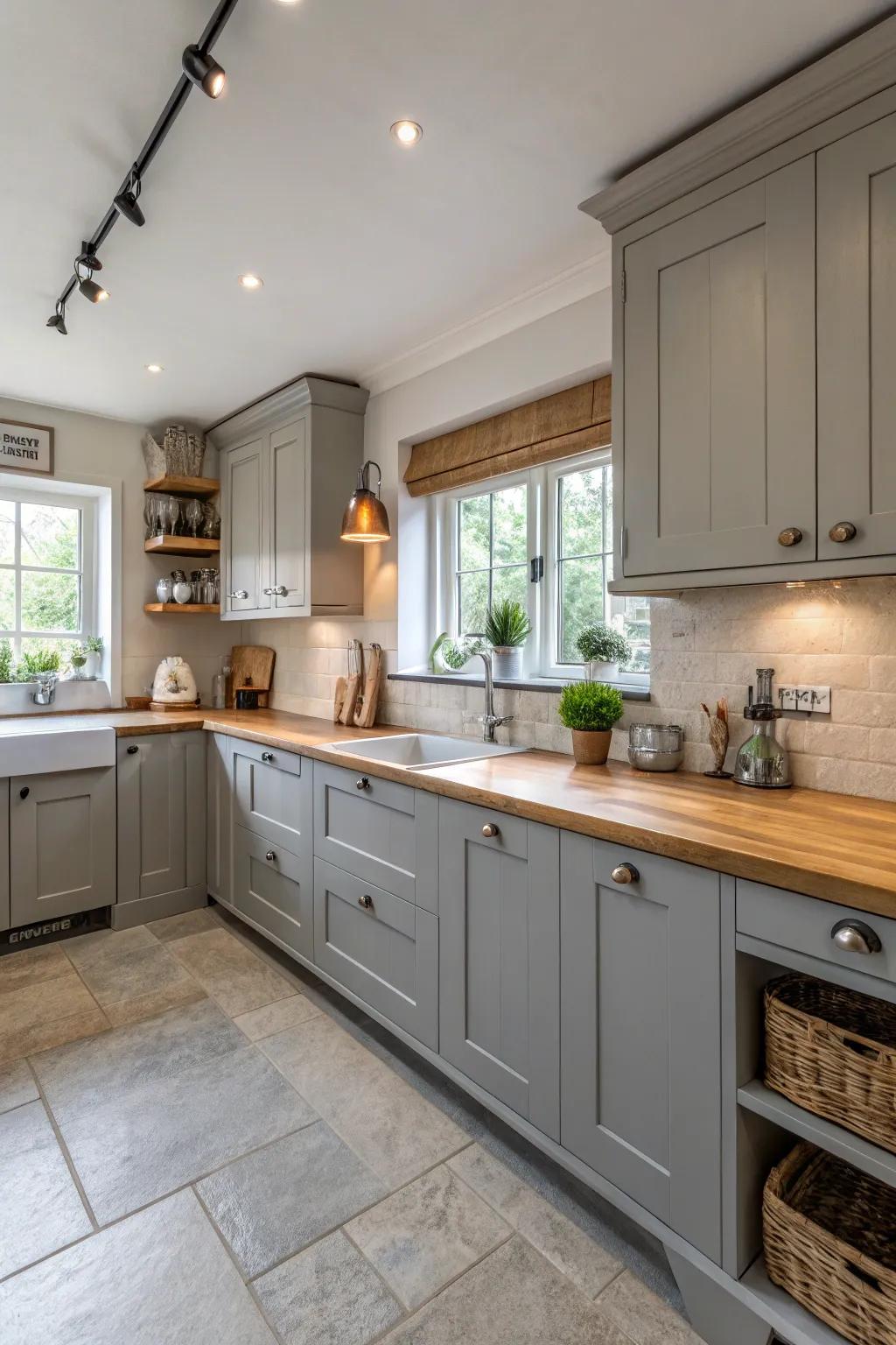 Timber details infuse warmth and texture into a grey kitchen.