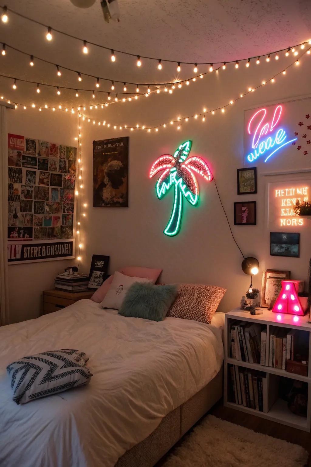 Fairy lights and neon signs contribute a playful twist to your room.