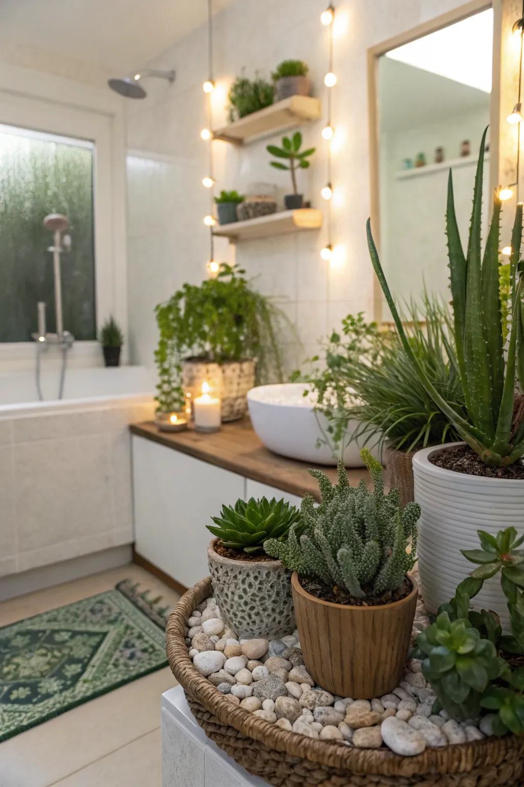 A guest bathroom brightened with fresh greenery, including succulents and small plants.