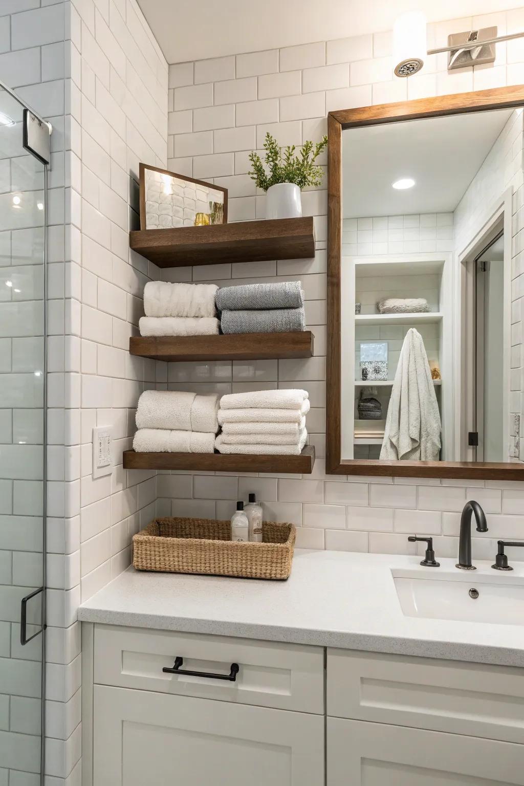 Floating shelves incorporate modern elegance into towel displays.