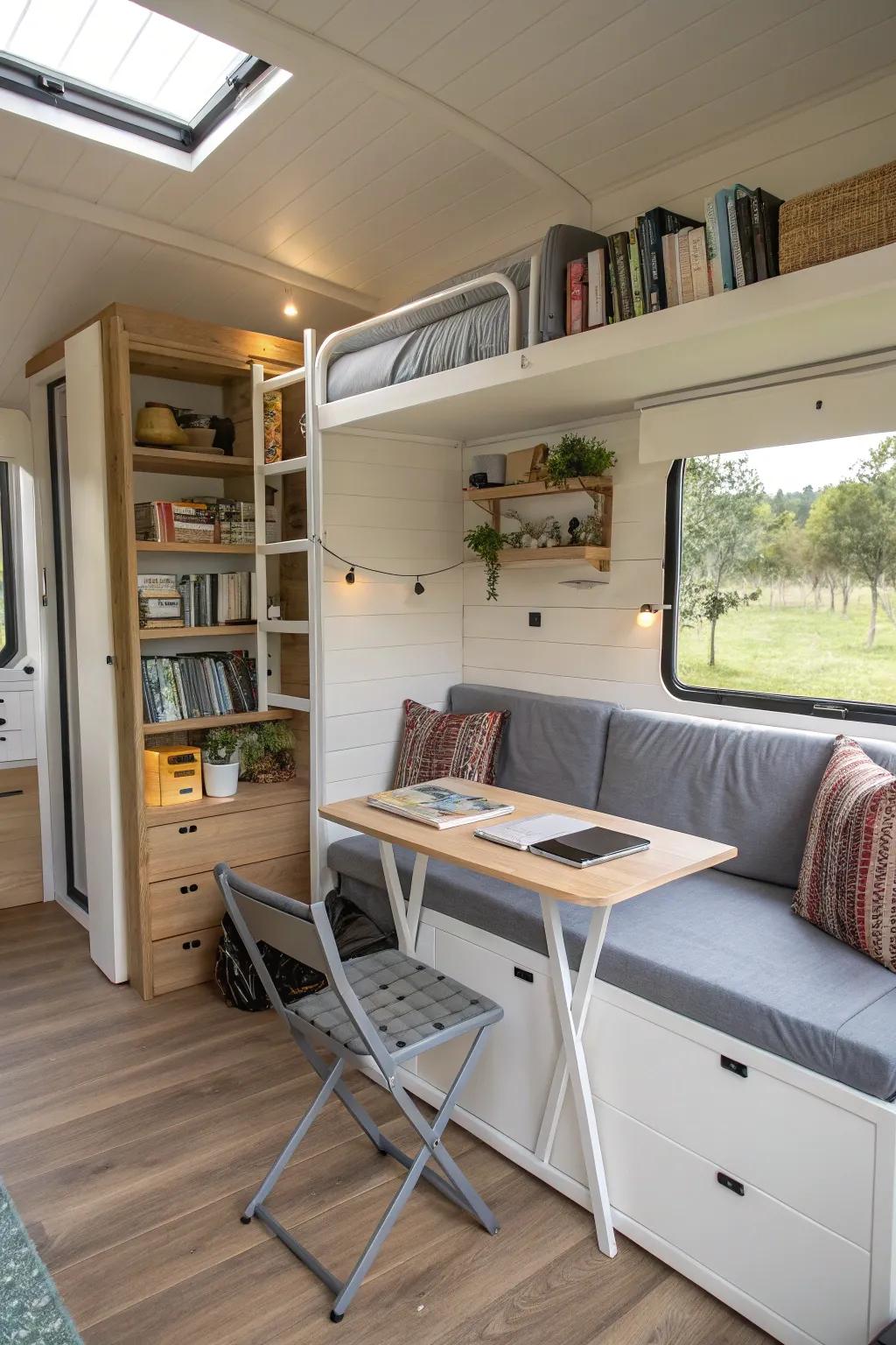A cleverly planned small guest house that enhances space with practical furniture choices.