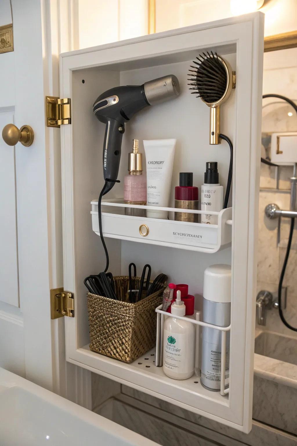Concealed cabinet door mount for discreet and practical storage.