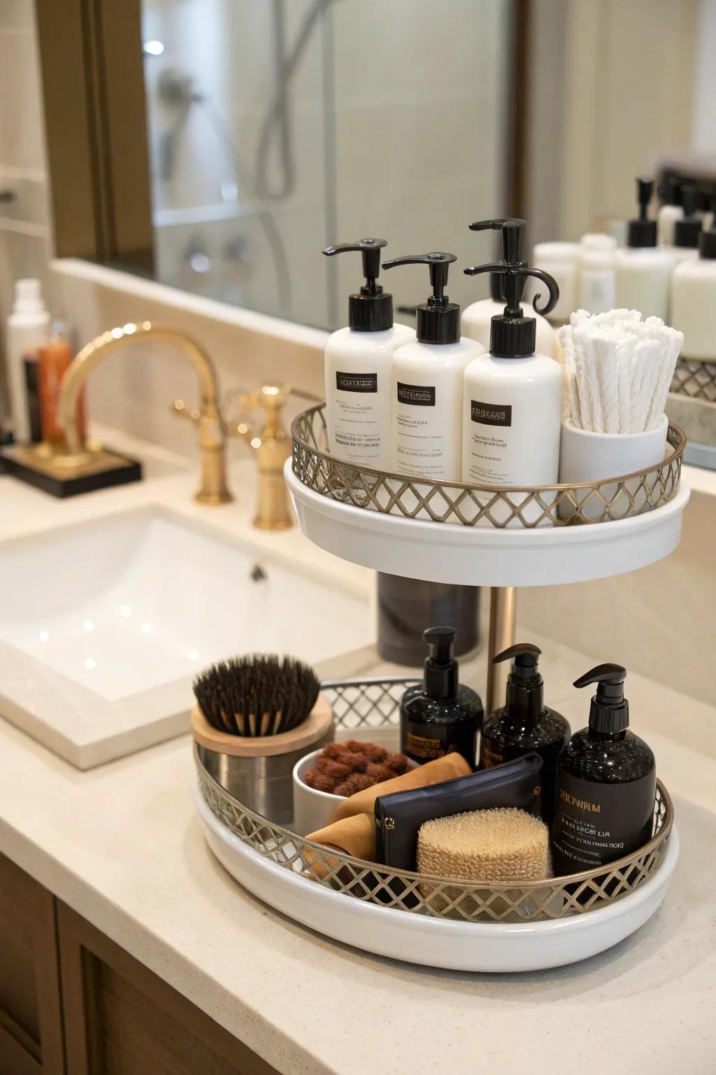 Stylish tiered trays help keep hair products accessible and well-organized.
