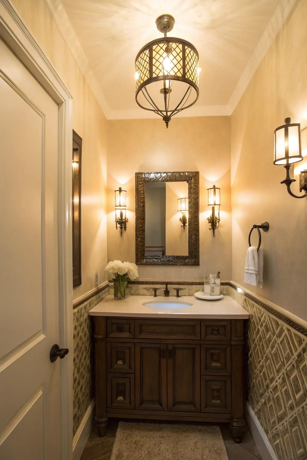 Use lighting to inject warmth and character into your half bath.