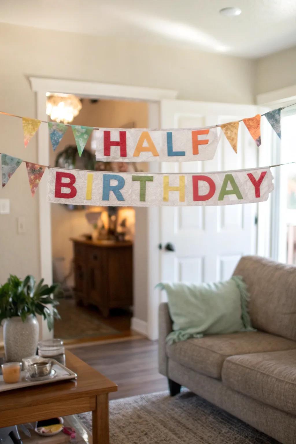 A cheerful handmade 'half birthday' banner that lends a personal touch to the celebration.