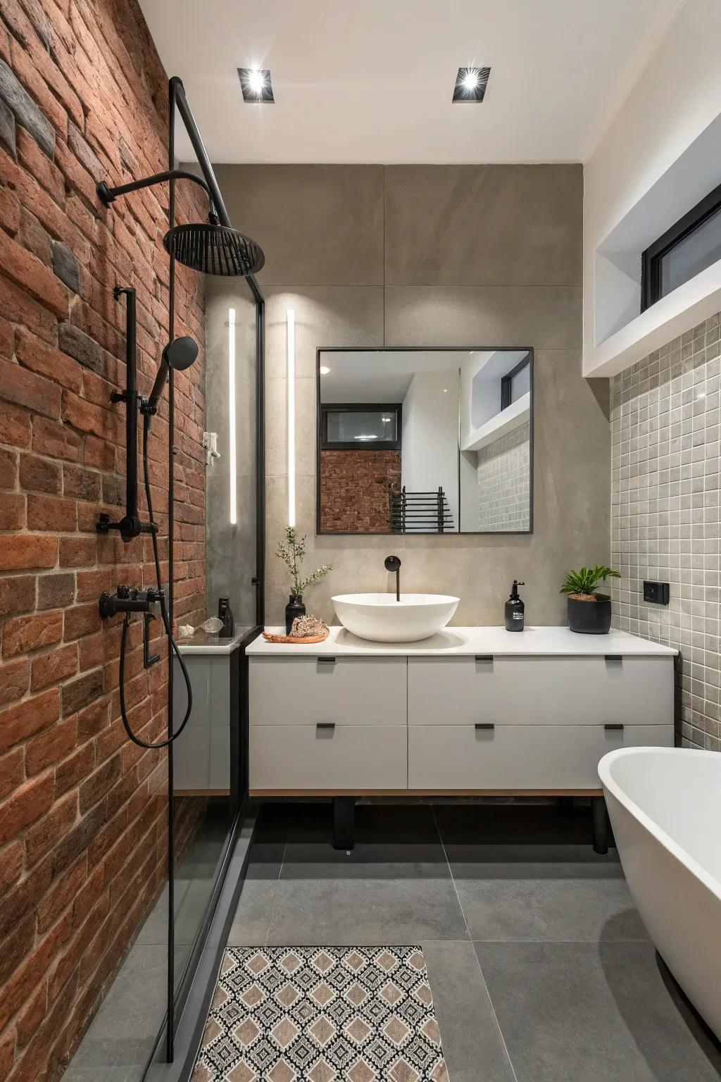 A modernized restroom with a partially exposed brick wall, displaying modern sophistication.