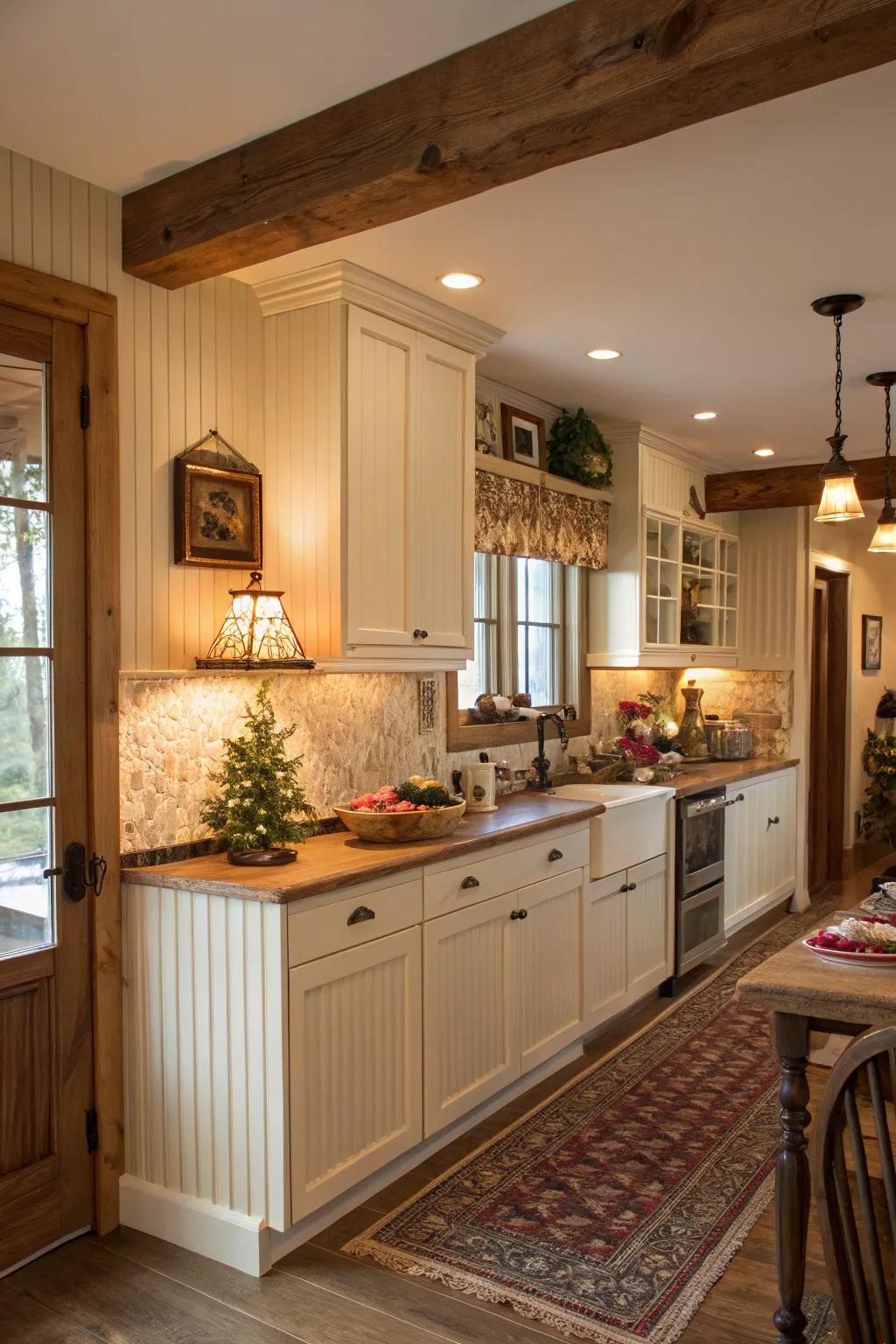 Infuse charm into your kitchen with detailed plankboard paneling.