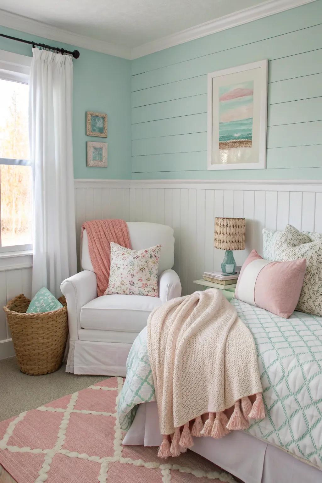 Gentle-toned shiplap adds a soft, soothing touch to this bedroom.