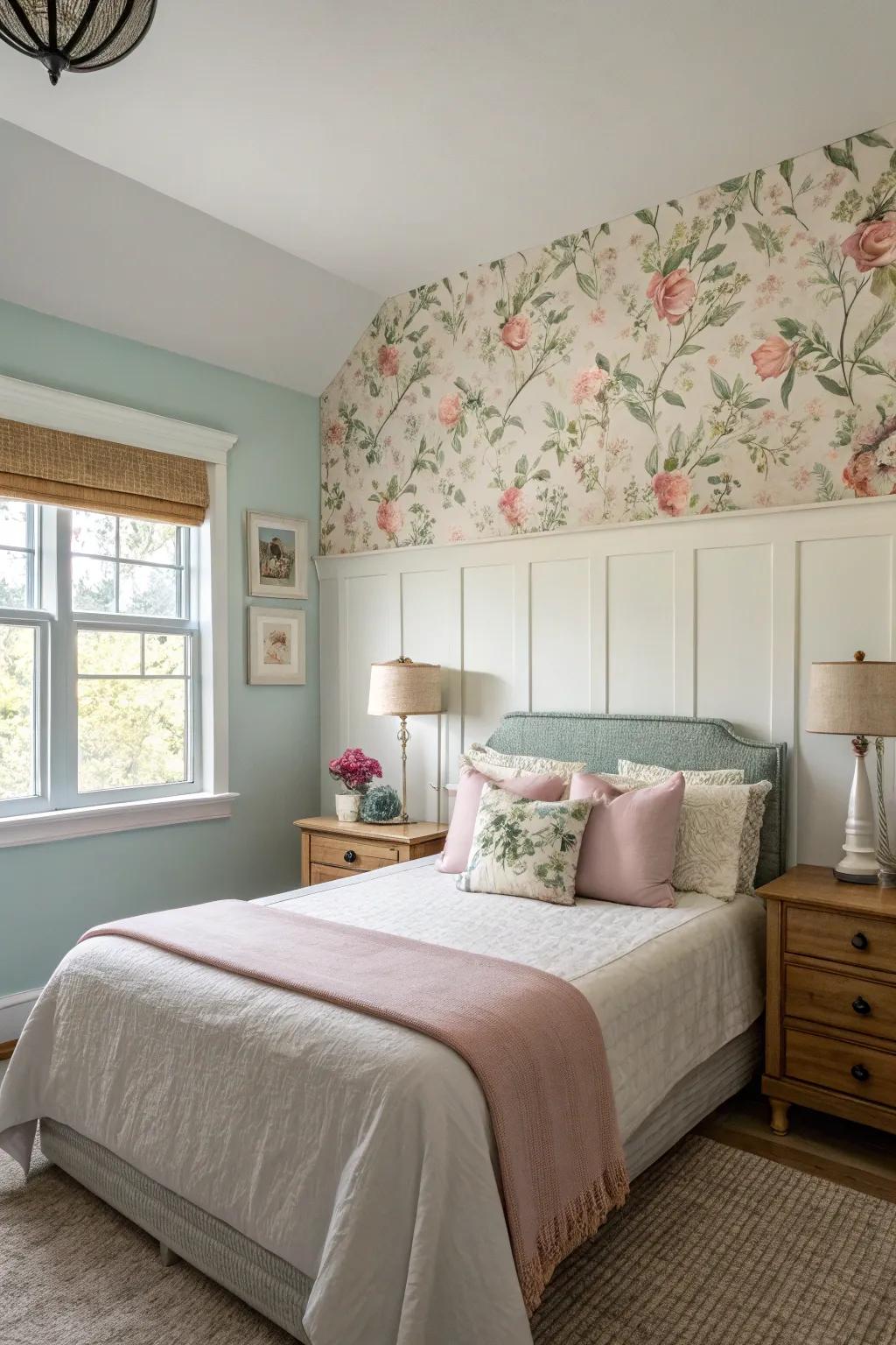 A dreamy bedroom arrangement featuring botanical wallcovering and pastel pigment, cultivating a romantic atmosphere.