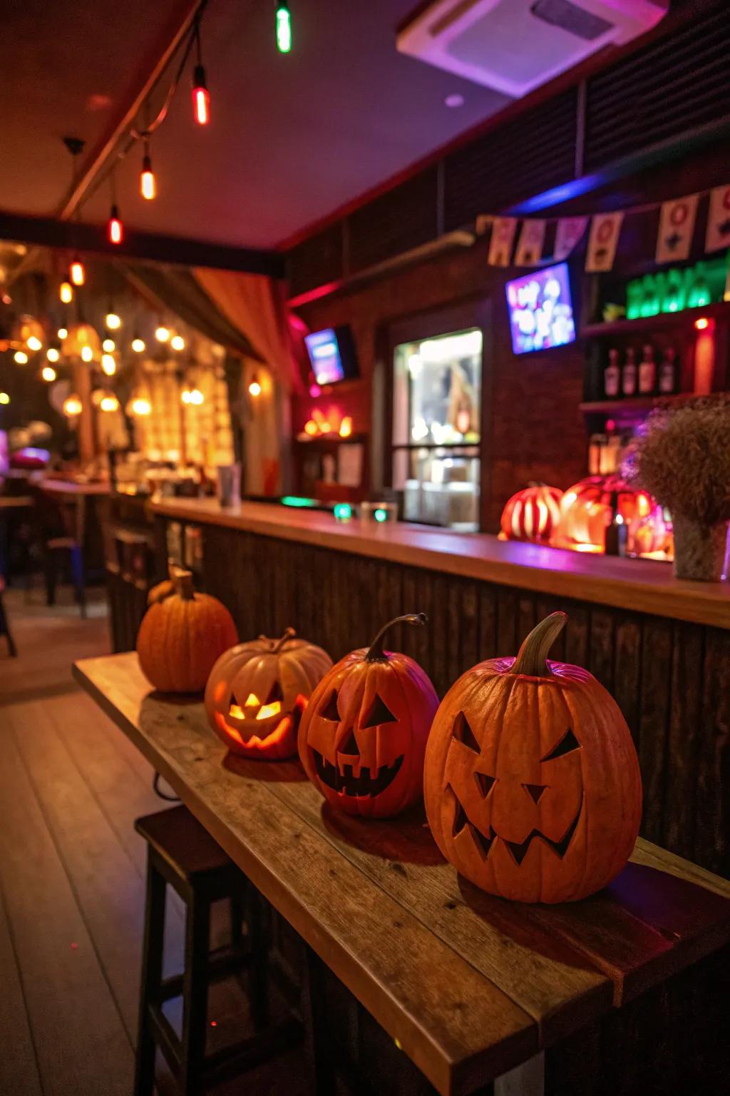 Brighten your bar with glowing carved pumpkins.