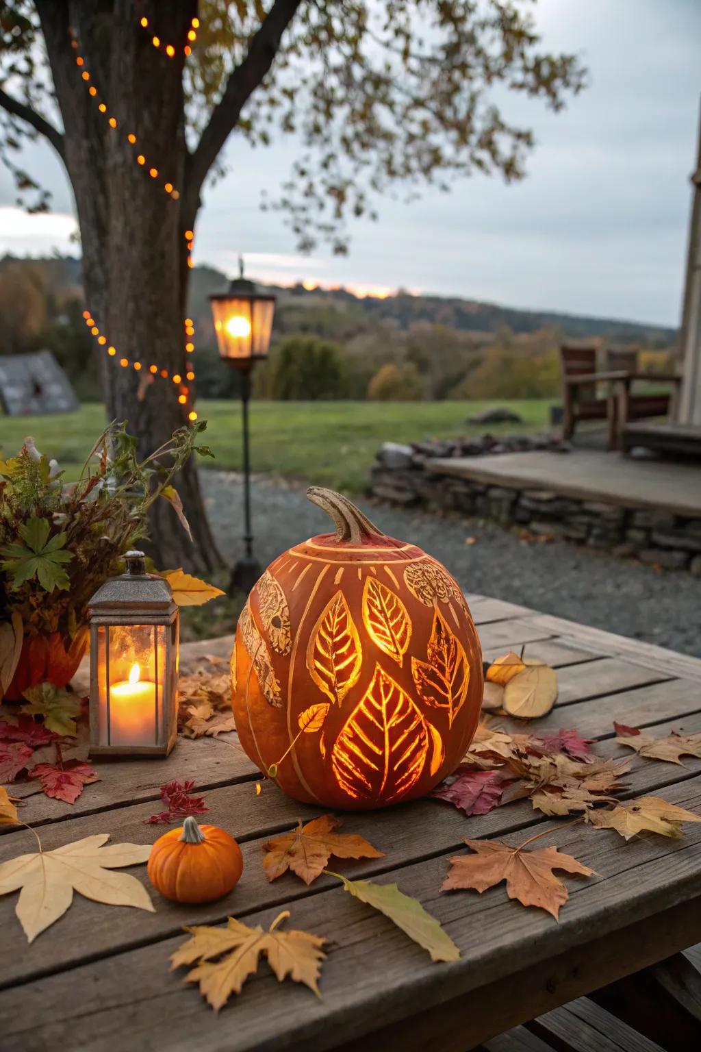Capture the spirit of autumn with luminous leaf patterns.