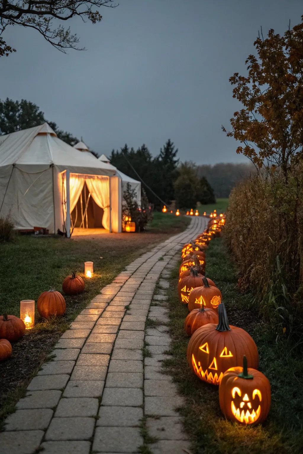 Illuminate the route using a pumpkin lantern walkway toward your Halloween tent.
