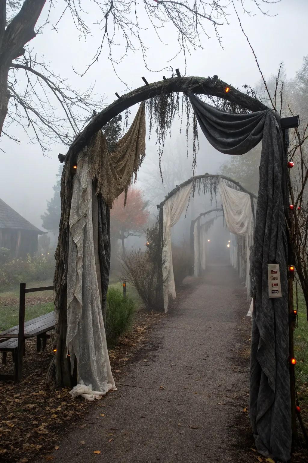 A misty entrance invites visitors into the Halloween trail.