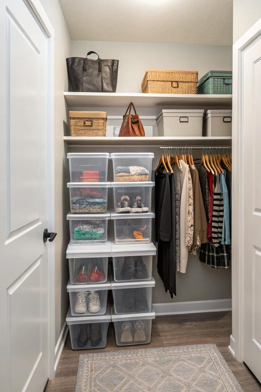 See-through containers in a hallway closet for quick item recognition.
