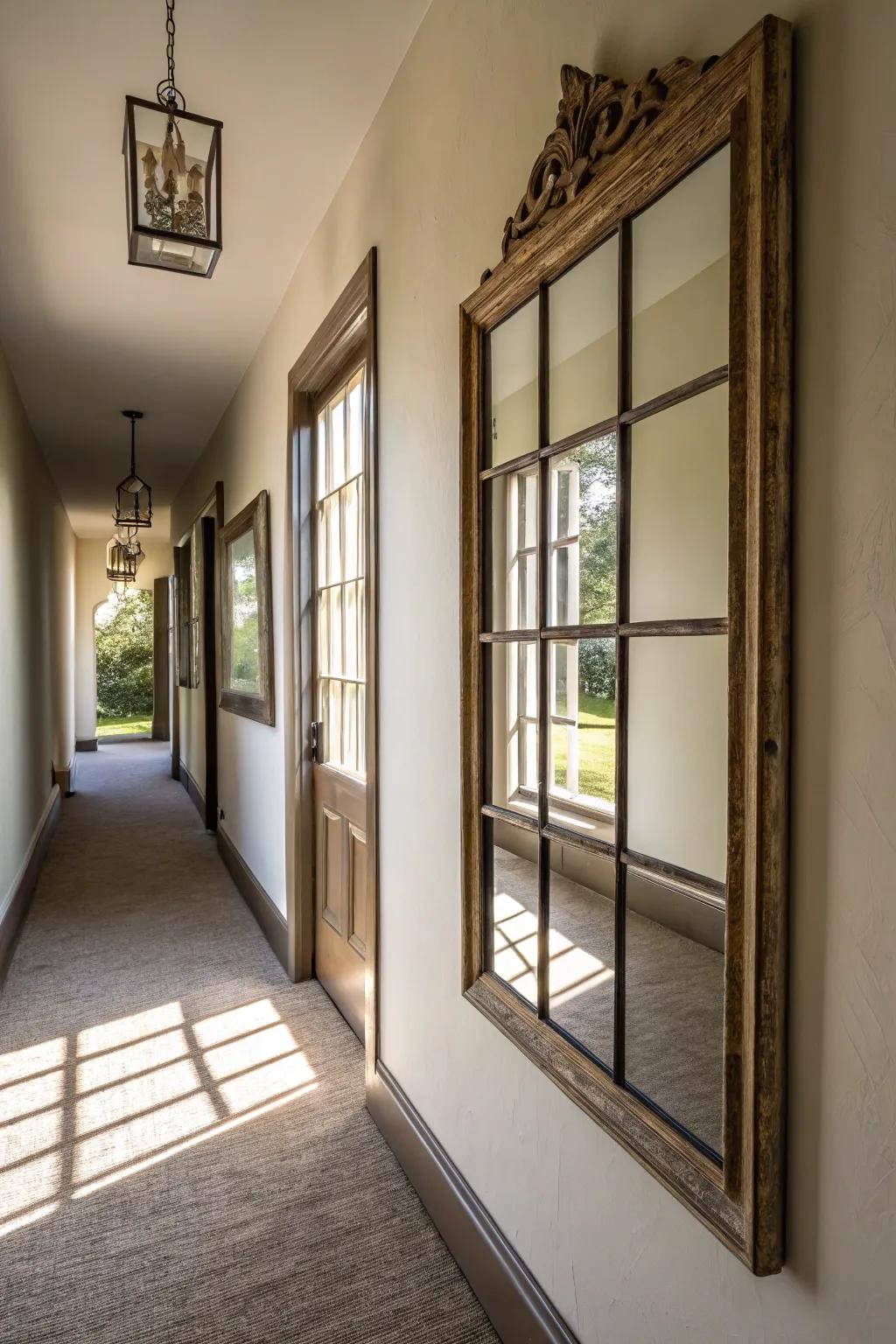 Windowpane mirrors infuse depth and light into any hallway setting.