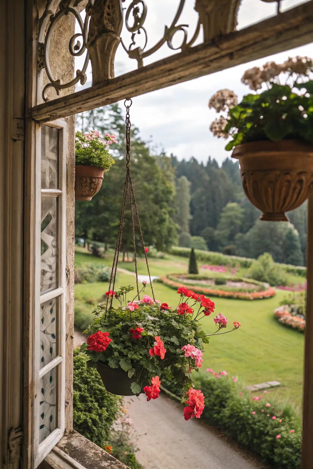 An antique window frame enhances stunning geraniums.