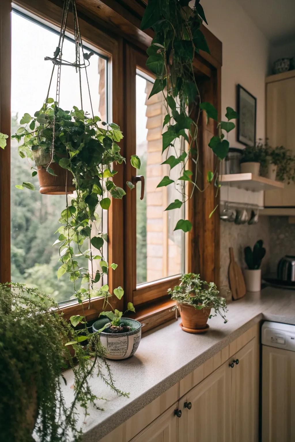 Enhance views and plant vitality with window-suspended plants.