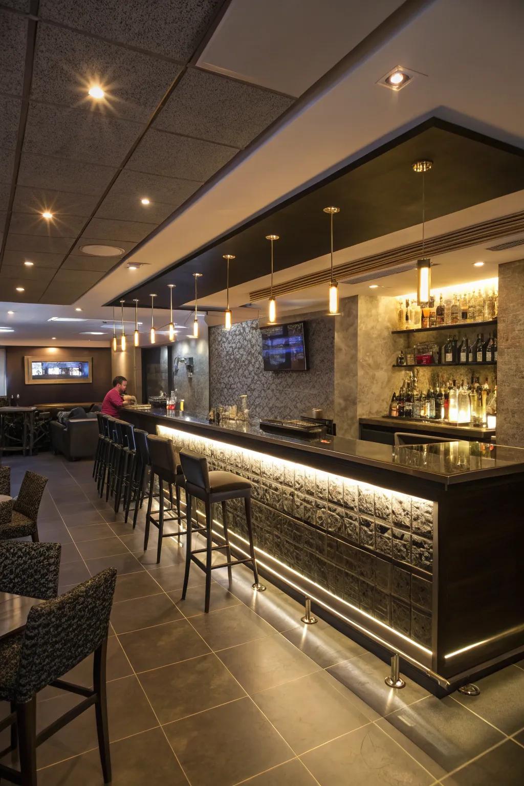 Design a stylish basement bar perfect for entertaining guests in style.